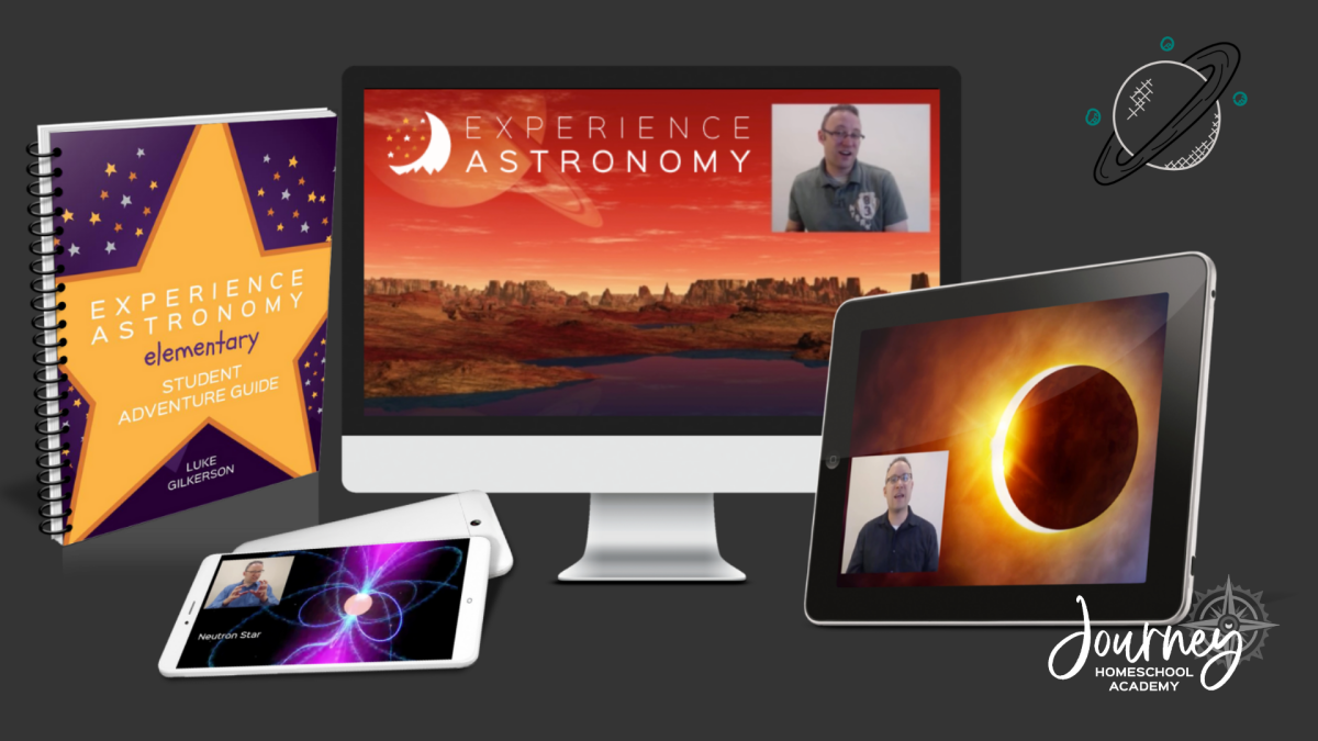 Journey Homeschool Academy Experience Astronomy Elementary homeschool course with student guidebook and video lessons on multiple devices.