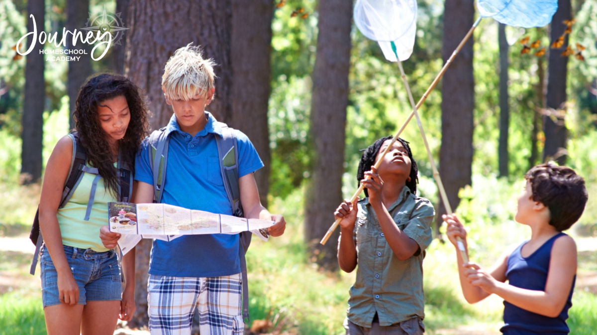 Christian homeschool students performing hands-on Earth Science exploration from Journey Homeschool Academy