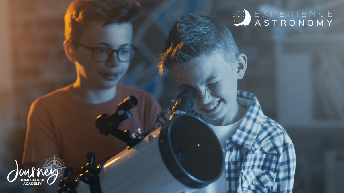 Two homeschool boys using a telescope with Journey Homeschool Academy’s Experience Astronomy science course.