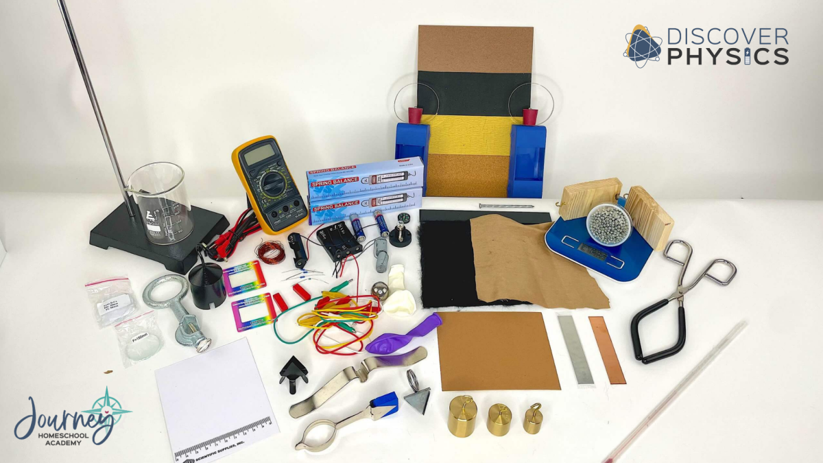 Lab equipment and supplies from the optional Discover Physics Lab Kit by Journey Homeschool Academy