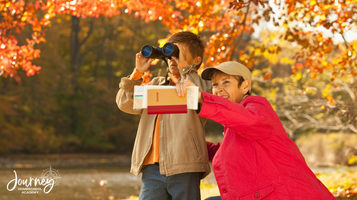 Christian homeschool family birdwatching outdoors with binoculars and journal — Birds homeschool Christian Bible Journey Homeschool Academy.
