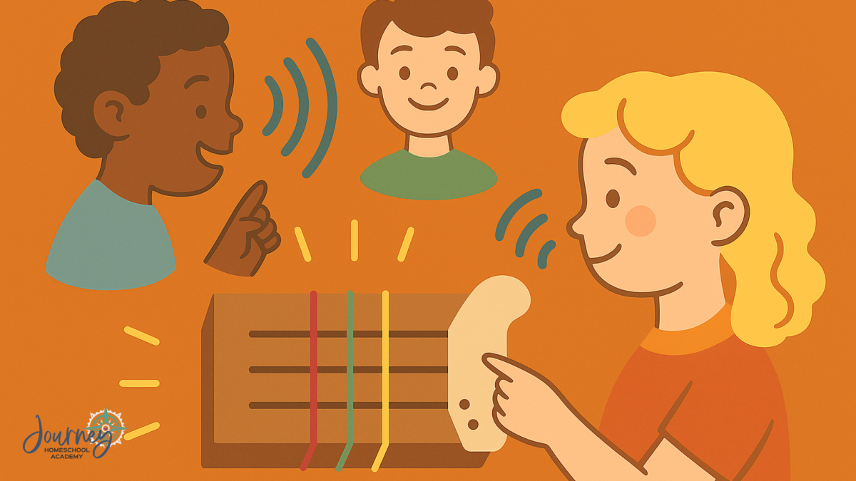 Kids exploring sound with a rubber band guitar experiment – Journey Homeschool Academy homeschool science