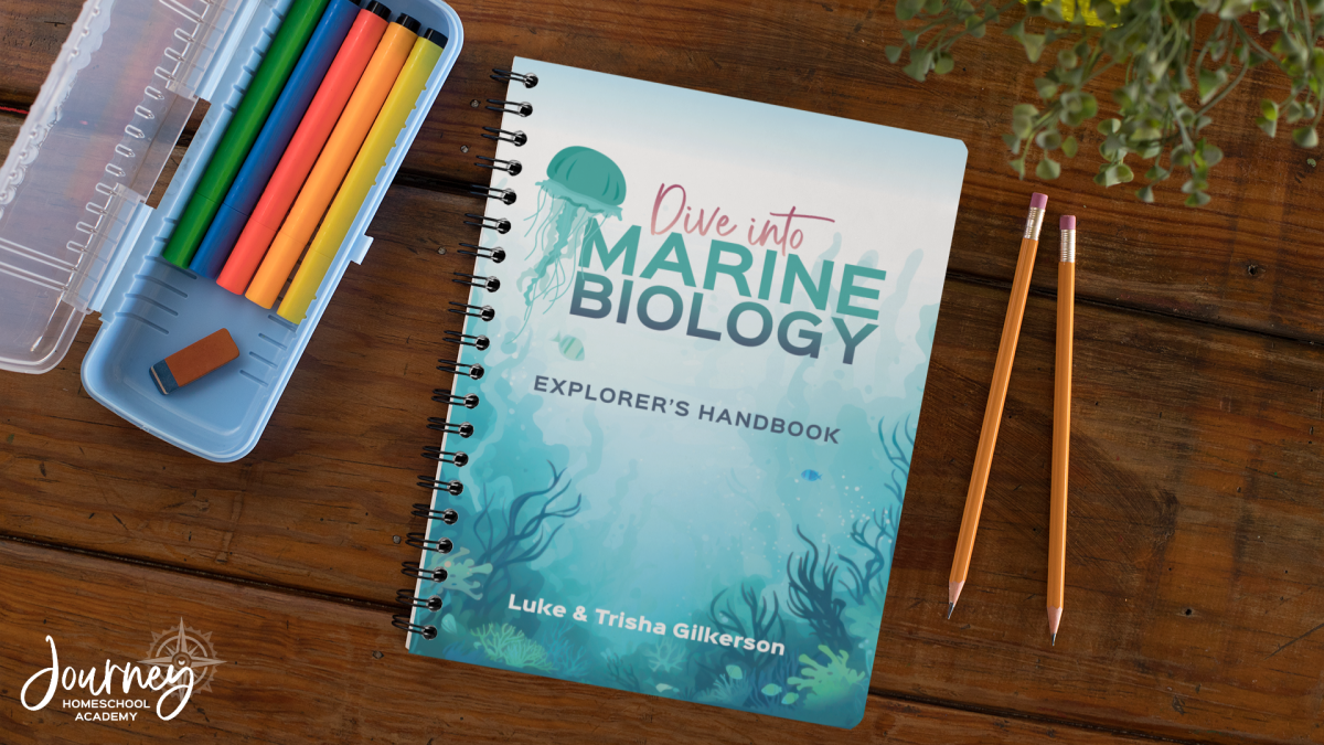 Journey Homeschool Academy Dive into Marine Biology Explorer’s Handbook with homeschool student supplies.