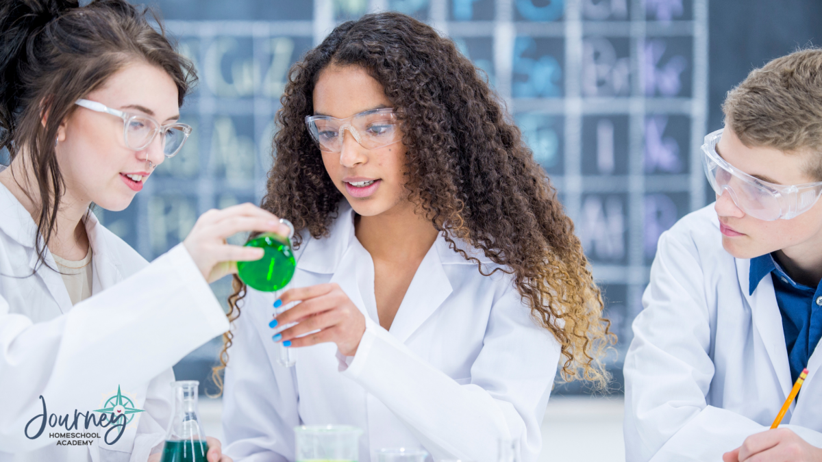 High school homeschool students in lab coats performing a chemistry experiment with green solution as part of a Christian homeschool chemistry curriculum.