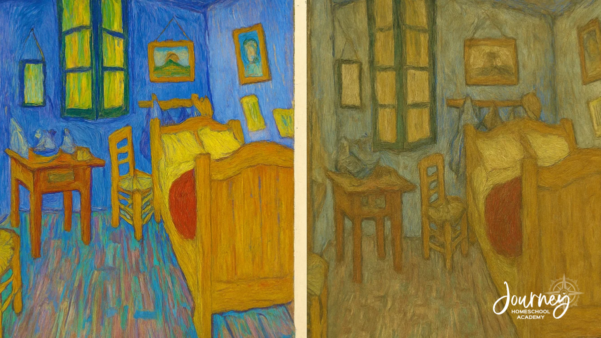 Side-by-side comparison of Van Gogh’s Bedroom painting, one with bright original colors and one with faded aged tones, demonstrating chemistry’s effect on art, Journey Homeschool Academy.