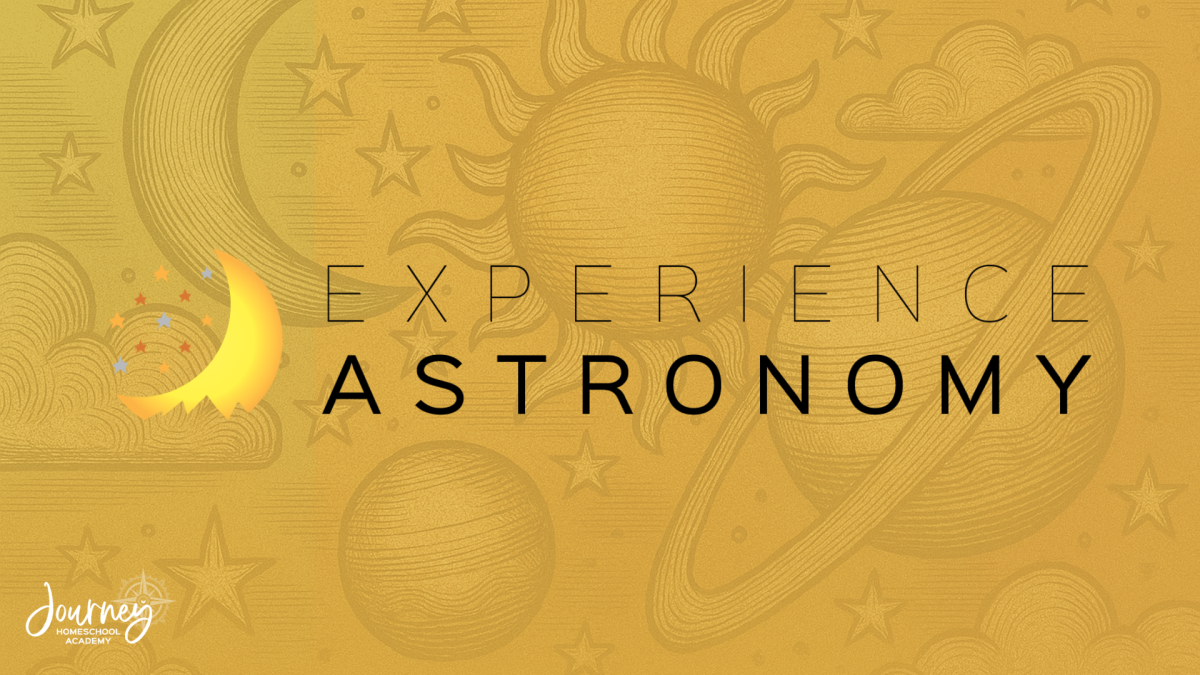 Journey Homeschool Academy Experience Astronomy logo with celestial illustrations, promoting Christian homeschool astronomy courses.