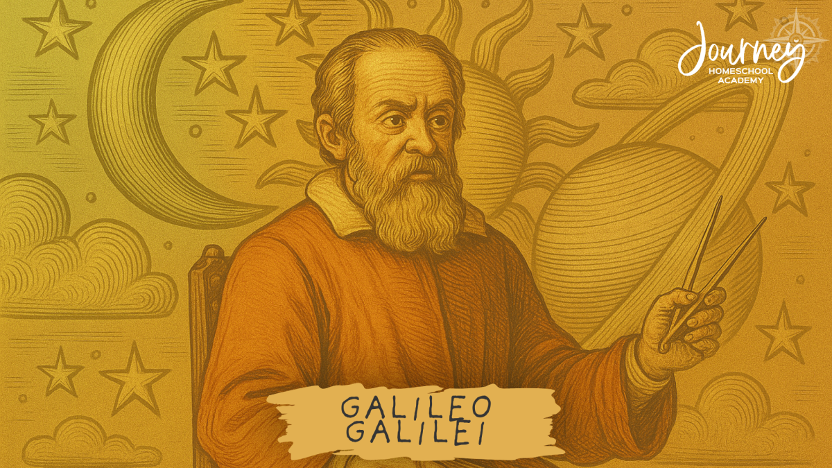 Artwork of Galileo Galilei with stars and planets, featured in Journey Homeschool Academy Christian homeschool astronomy resources.