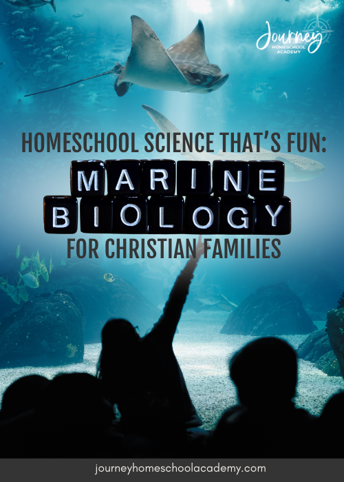 Journey Homeschool Academy Christian homeschool marine biology course with aquarium background