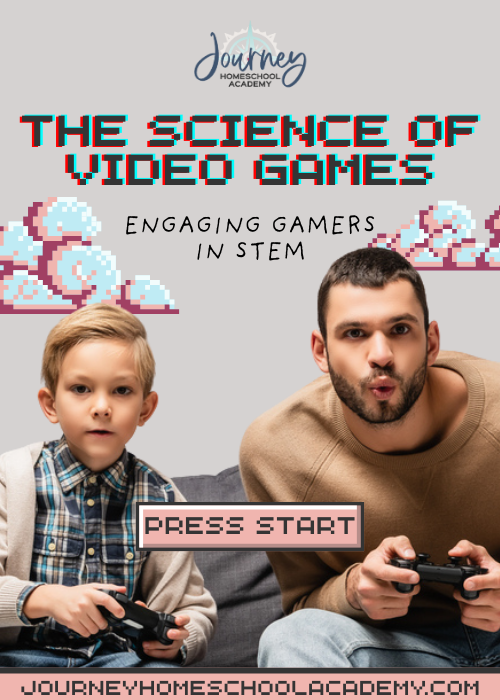 Father and son playing video games together, featured image for Journey Homeschool Academy blog on the science of video games in STEM.