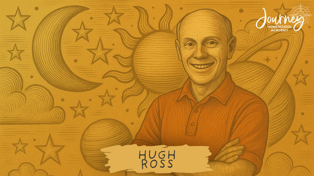 Portrait of Hugh Ross with celestial background, representing modern Christian astronomers in Journey Homeschool Academy’s astronomy homeschool curriculum.