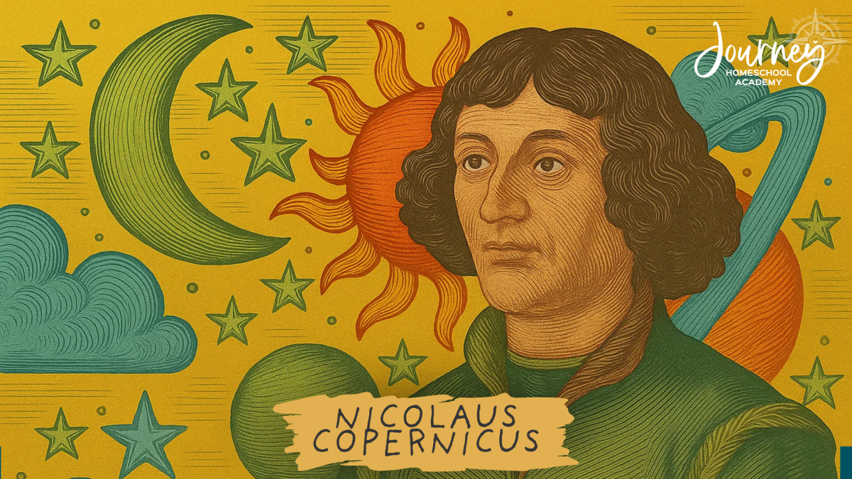 Illustration of Nicolaus Copernicus with planets and stars, included in Journey Homeschool Academy’s astronomy homeschool curriculum.