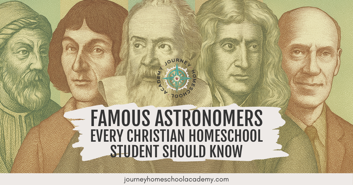 Banner of famous astronomers including Copernicus, Galileo, Newton, and others, featured in Journey Homeschool Academy’s Christian homeschool astronomy blog.