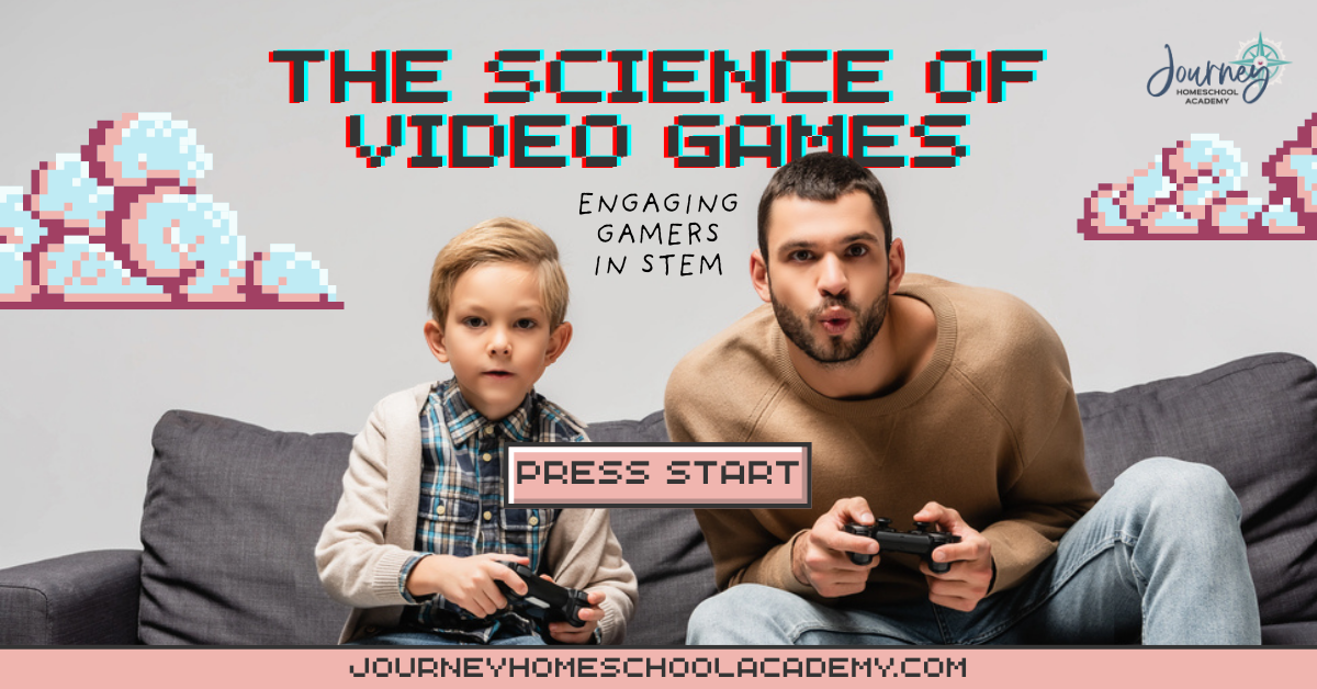 Father and son playing video games, Journey Homeschool Academy hero image for article on engaging gamers in homeschool STEM.