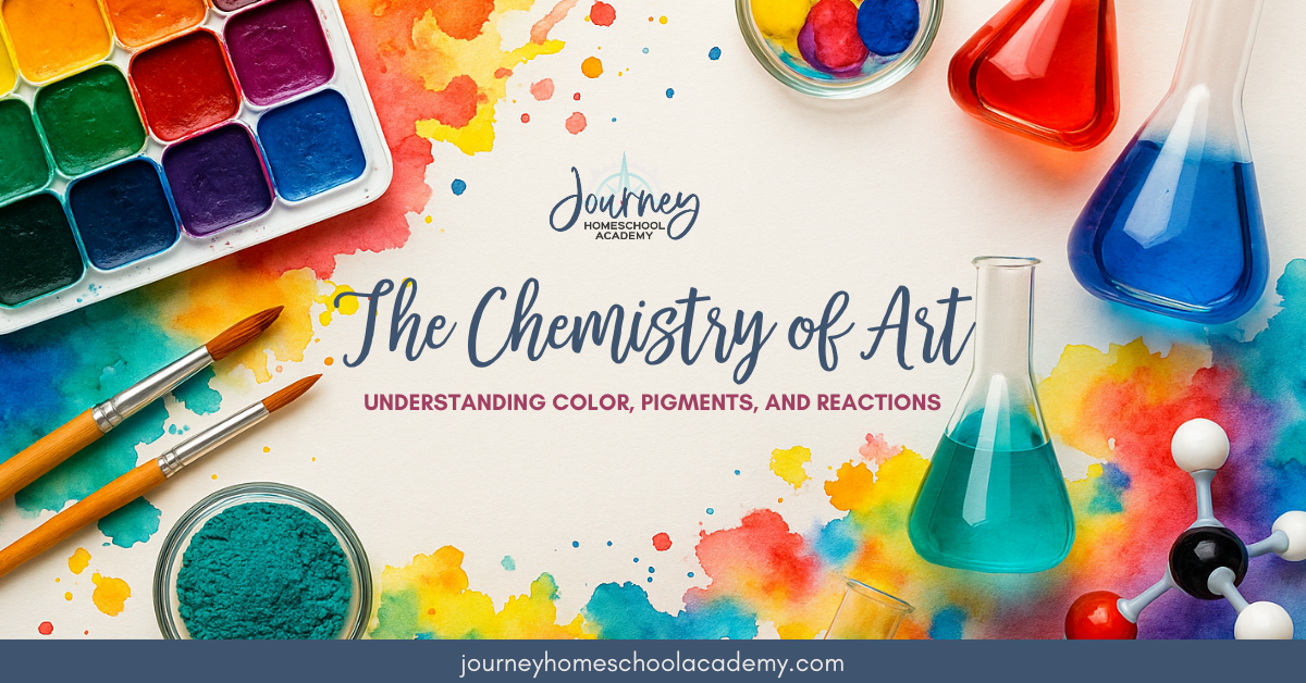 Colorful watercolor paints, brushes, and science beakers with the text “The Chemistry of Art: Understanding Color, Pigments, and Reactions” featured blog graphic for Journey Homeschool Academy.