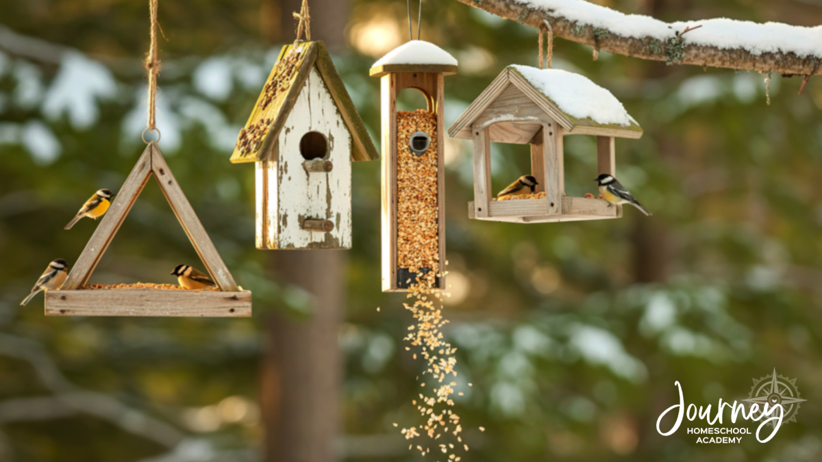Multiple bird feeders hanging outdoors in winter, demonstrating a Bird-Friendly Backyard homeschool project from Journey Homeschool Academy’s World of Birds course.