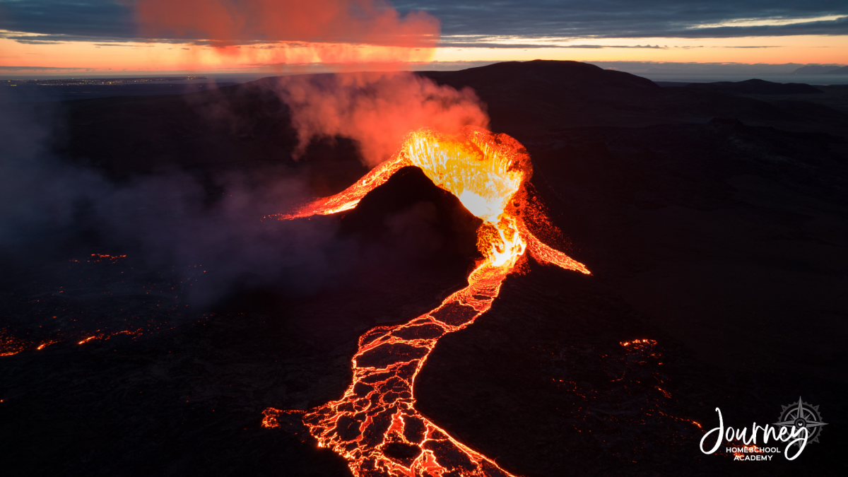 Flowing lava from an erupting volcano illustrating a geology concept in an earth science homeschool course.