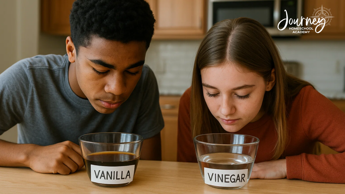 Two homeschool students comparing the smell of vanilla and vinegar during a hands-on homeschool chemistry senses experiment from Journey Homeschool Academy.