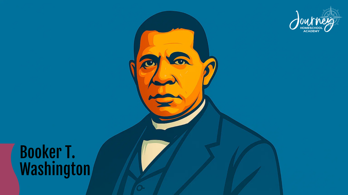 Illustration of Booker T. Washington, the self-taught educator featured in Journey Homeschool Academy’s “Great Scientists Who Were Homeschooled” article.