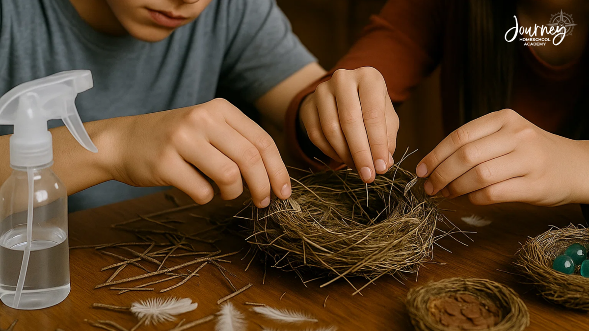 Children building model bird nests from twigs and feathers, a hands-on homeschool bird nest activity