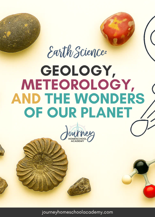 Vertical graphic with fossils, rocks, and molecules featuring text “Geology, Meteorology, and the Wonders of Our Planet” for a Journey Homeschool Academy earth science homeschool blog post.