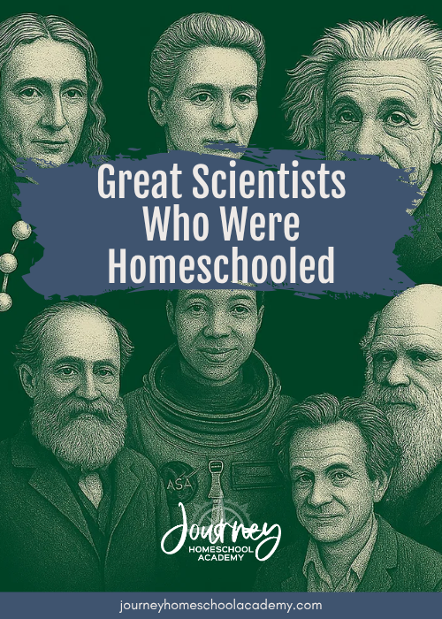 Illustration collage of famous homeschooled scientists, including Einstein and Darwin, with the title “Great Scientists Who Were Homeschooled” — featured on the Journey Homeschool Academy blog.