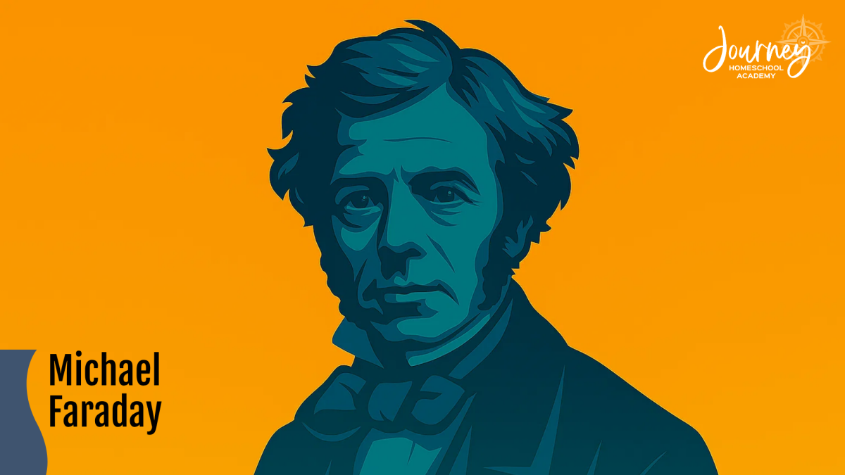 Digital artwork of scientist Michael Faraday, one of history’s most influential homeschooled scientists, featured in Journey Homeschool Academy’s faith-based science article.