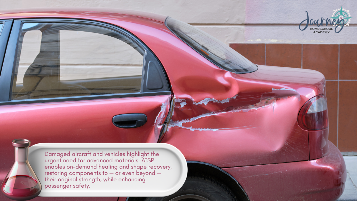 Damaged red car illustrating how self-healing polymers restore material strength, a concept homeschool chemistry students can explore through the Experience Chemistry curriculum from Journey Homeschool Academy.