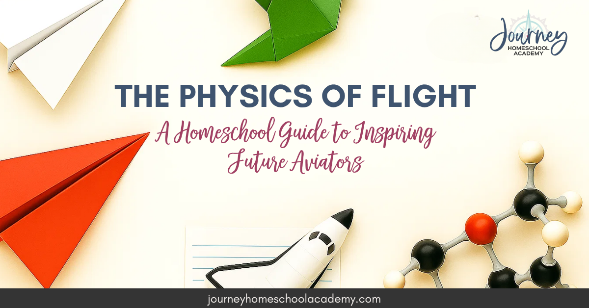Journey Homeschool Academy blog graphic with paper airplanes and shuttle, introducing homeschool physics of flight and aerospace lessons.