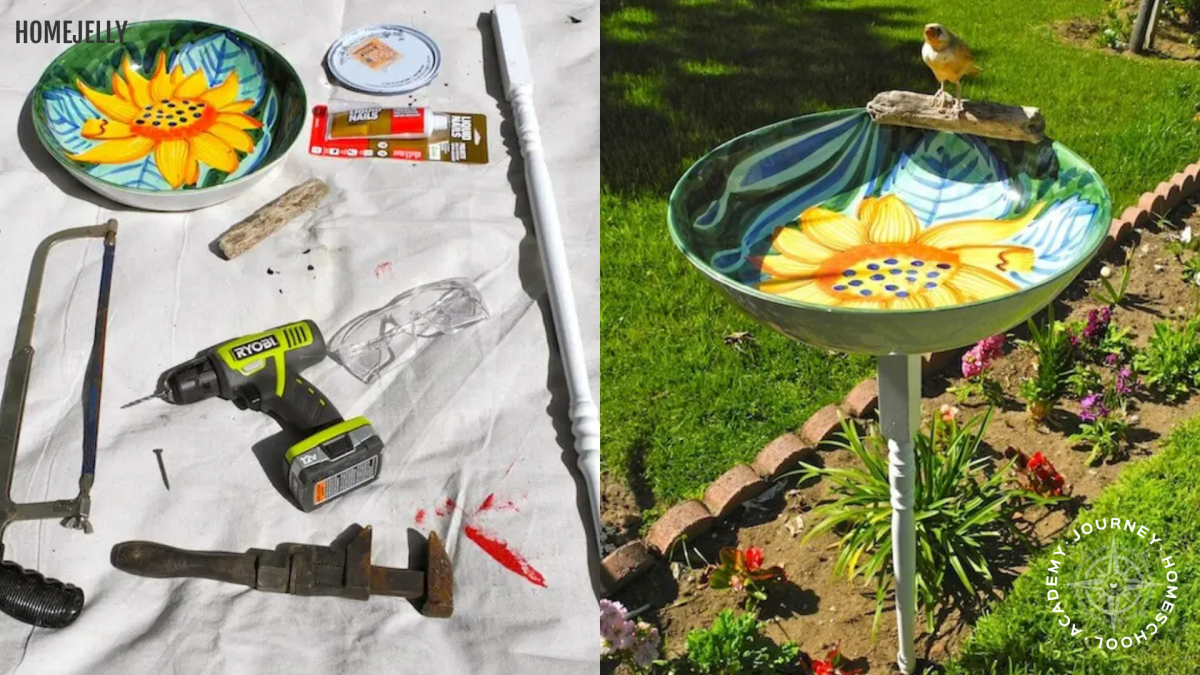 DIY serving-bowl bird bath project with tools and final setup—hands-on homeschool activity for providing water for birds with Journey Homeschool Academy.