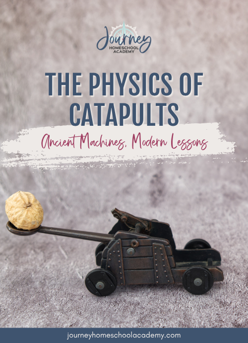 A small model catapult launching a ball beside a miniature wooden house with the text “The Physics of Catapults: Ancient Machines, Modern Lessons” and the Journey Homeschool Academy logo.