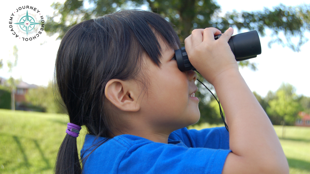 Child using binoculars for backyard birdwatching—observation activity for providing water for birds homeschool nature studies with Journey Homeschool Academy.