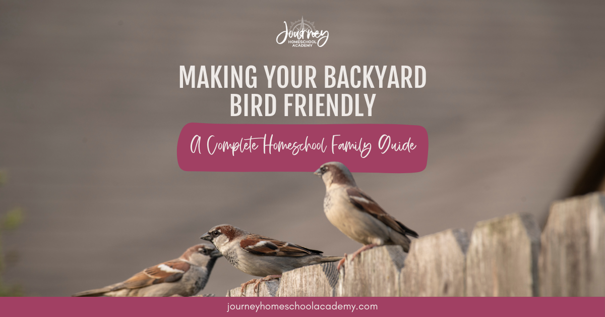 Journey Homeschool Academy guide for making your backyard bird friendly with sparrows perched on a fence